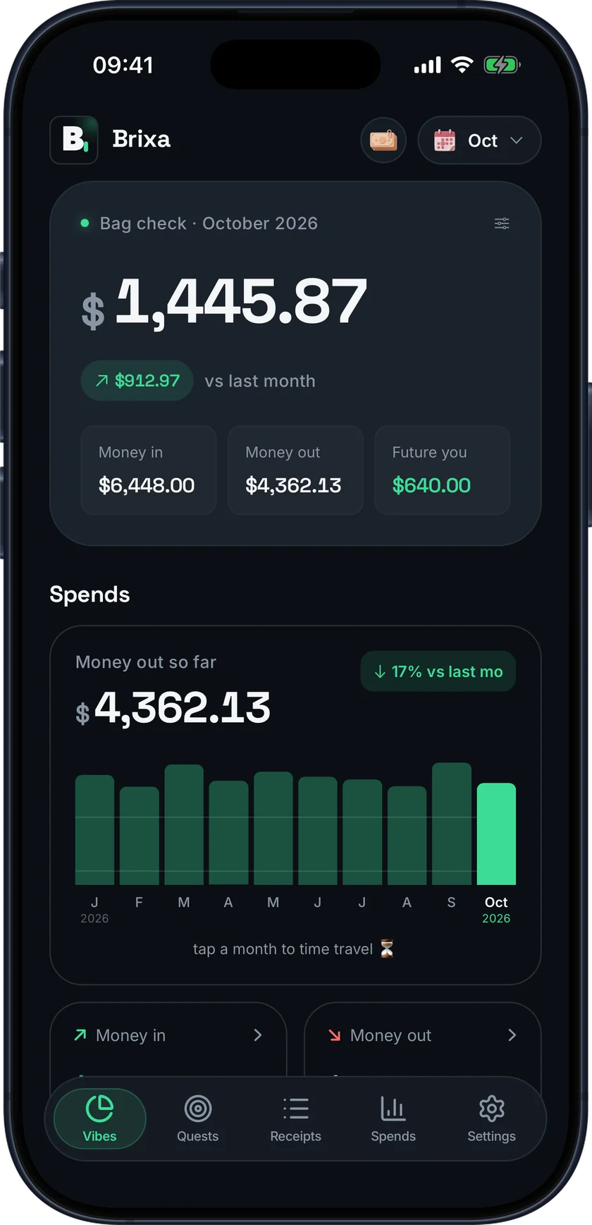 Brixa home screen showing balances, monthly net saved, and spending