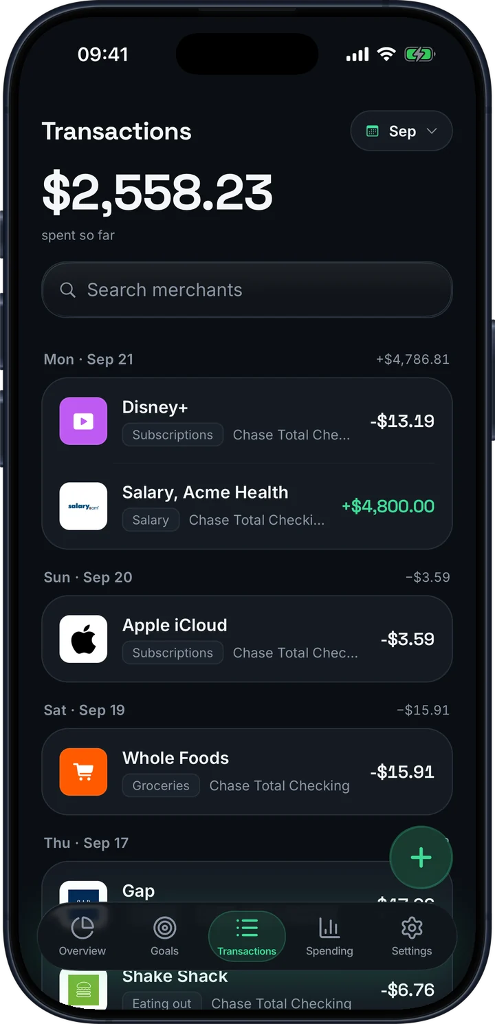 A list of bank transactions in Brixa, each with a merchant logo and a category