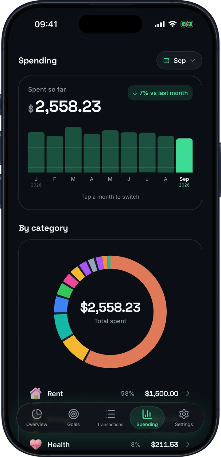 Brixa showing the month broken down by spending category